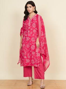 CHETI - Pink Pure Cotton Printed Kurta with Pant and Dupatta