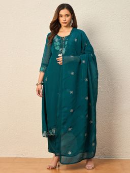 CHETI - Teal Pure Organza A-Line Kurta with Pant and Dupatta