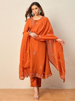 CHETI - Rust Pure Organza A-Line Kurta with Pant and Dupatta