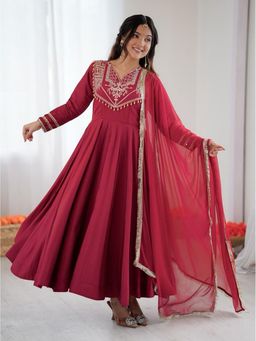 Kedar Fab - Crunchy Silk Motiff Embroidered Anarkali Kurta with Pant and Dupatta
