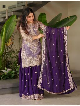 Kedar Fab - Purple Shimmer Silk Motiff Embroidered Kurta with Sharara and Dupatta