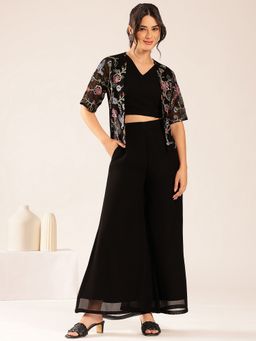 Vbuyz - Black Solid Straight Georgette Kurta with Palazzo and Jacket