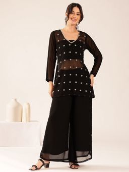 Vbuyz - Black Embroidery Straight Georgette Kurta with Palazzo