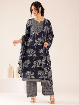 Vbuyz - Navy Blue Floral Straight Cotton Kurta with Pant and Dupatta