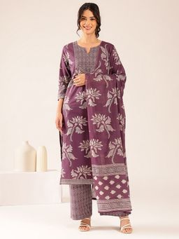 Vbuyz - Purple Floral Straight Cotton Kurta with Pant and Dupatta