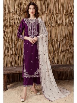 Kedar Fab - Purple Sequins Embroidered Lucknowi Kurta with Pant and Dupatta