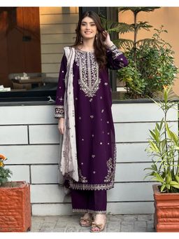 Kedar Fab - Purple Georgette Sequins Embroiderd Lucknowi Kurta with Pant and Dupatta