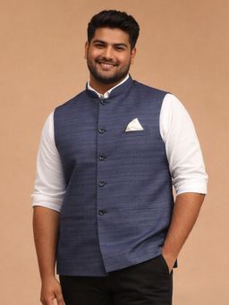 Vastramay - Men Navy Blue Silk Blend Solid Nehru Jacket