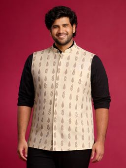 Vastramay - Men Cotton Cream Digital Printed Nehru Jacket