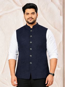 Vastramay - Men Suiting Fabric Navy Blue Embossed Textured Nehru Jacket