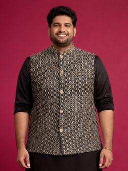 Vastramay - Men Rayon Black Sequin and Thread Embroidered Nehru Jacket