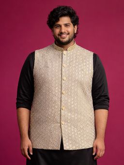 Vastramay - Men Rayon Beige Sequin and Thread Embroidered Nehru Jacket