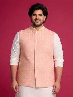 Vastramay - Men Rayon Peach Sequin and Thread Embroidered Nehru Jacket