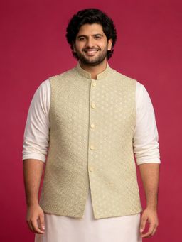 Vastramay - Men Rayon Pista Green Sequin and Thread Embroidered Nehru Jacket