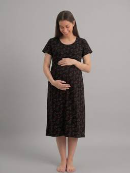 Evamomies - Women Cotton Printed Maternity Nighty for Nursing and Feeding-Black