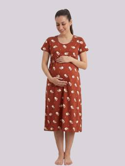 Evamomies - Women Cotton Printed Maternity Nighty for Nursing and Feeding-Brown