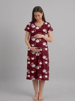 Evamomies - Women Cotton Printed Maternity Nighty for Nursing and Feeding-Maroon