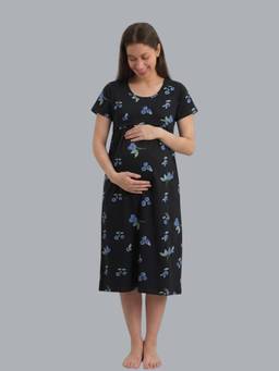 Evamomies - Women Cotton Printed Maternity Nighty for Nursing and Feeding-Navy Blue