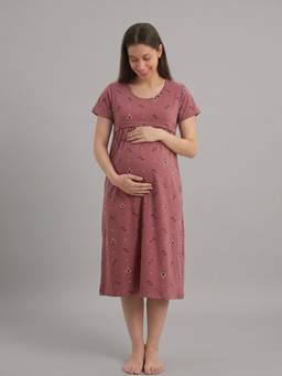 Evamomies - Women Cotton Printed Maternity Nighty for Nursing and Feeding-Peach