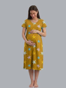 Evamomies - Women Cotton Printed Maternity Nighty for Nursing and Feeding-Mustard
