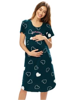 LOTIK - Cotton Teal Heart Printed Maternity and Feeding Calf Length Short Nighty