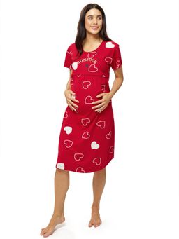 LOTIK - Cotton Red Heart Printed Maternity and Feeding Calf Length Short Nighty