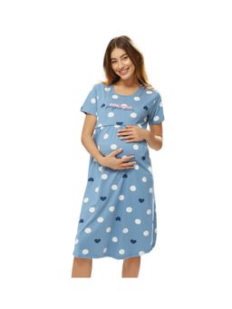 LOTIK - Cotton Sky Blue Heart and Polka Dots Printed Maternity and Feeding Short Nighty