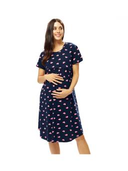 LOTIK - Cotton Navy Blue Heart Printed Maternity and Feeding Short Nighty