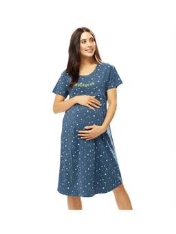 LOTIK - Cotton Petrol Blue Star Printed Maternity and Feeding Calf Length Short Nighty