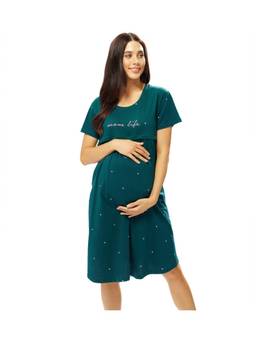 LOTIK - Cotton Teal Heart Printed Maternity and Feeding Calf Length Short Nighty