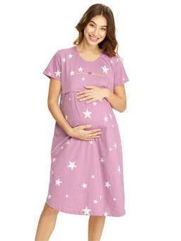 LOTIK - Cotton Onion Star Printed Maternity and Feeding Calf Length Short Nighty