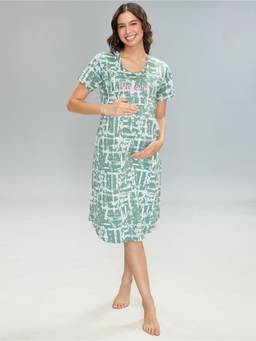 LOTIK - Cotton Green Geometric Printed Maternity and Feeding Calf Length Short Nighty