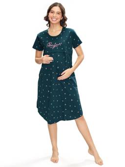 LOTIK - Cotton Teal Heart Printed Maternity and Feeding Calf Length Short Nighty