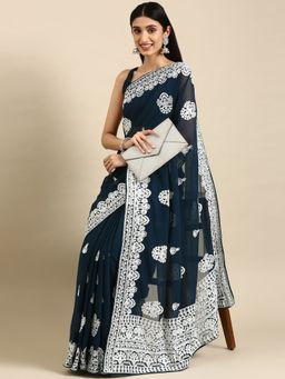 VAIRAGEE - Teal Georgette with Lucknowi Work Saree with Unstitched Blouse