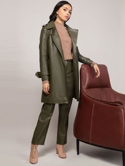 Twenty Dresses by Nykaa Fashion - Olive Green Solid Knee Length Faux Leather Overcoat With Belt