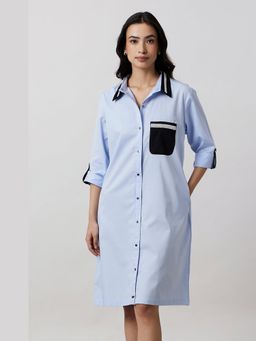 Pallavi Swadi - Sky Blue Pearl Collar Neck Pocket Shirt Dress