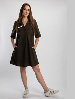 Pallavi Swadi - Olive Pleated Pima Cotton Dress With Beetle Brooch