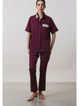Pallavi Swadi - Burgundy Collar Pocket Swarovski Co-Ord Set