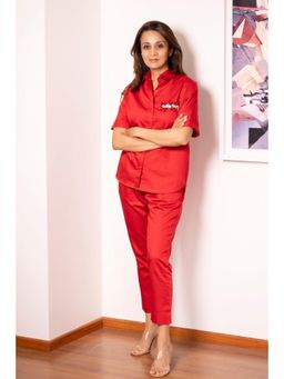 Pallavi Swadi - Red Cotton Satin Pocket Swarovski Co-Ord Set