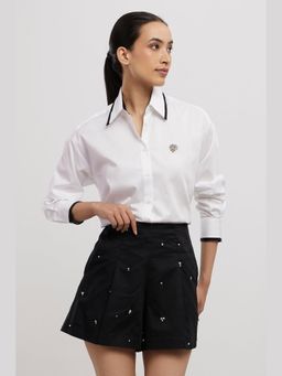 Pallavi Swadi - White Tuxedo Small Swarovski Heart Shirt With Swarovski Shorts