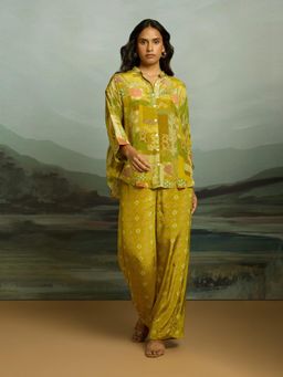 THREE-THREE - Zahira Green Printed Mandarin Neck Co-Ord Set