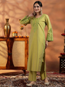 Libas - Women Green Embroidered Kurta with Pant (Set of 2)