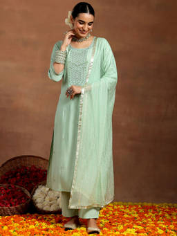 Gerua By Libas - Women Green Embroidered Kurta with Pant and Dupatta (Set of 3)