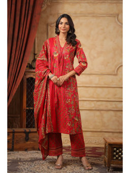Autumnlane - Women Red Floral Kurta with Pant and Dupatta (Set of 3)