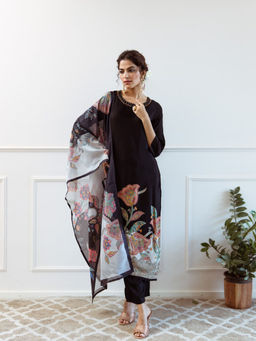 Autumnlane - Women Black Embellished Kurta with Pant and Dupatta (Set of 3)