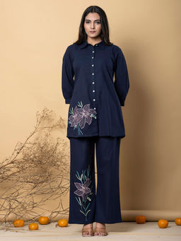 Autumnlane - Women Navy Blue Embroidered Co-Ord (Set of 2)
