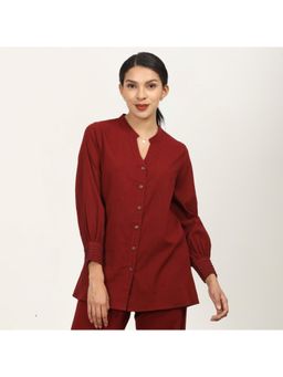 Saltpetre - Women Maroon Bishop Sleeves Split V Neck Shirt