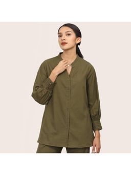 Saltpetre - Women Olive Bishop Sleeves Split V Neck Shirt