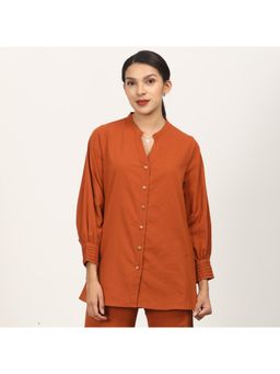 Saltpetre - Women Orange Bishop Sleeves Split V Neck Shirt