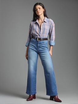 Flying Machine - Women Blue Cotton Solid Wide Jeans